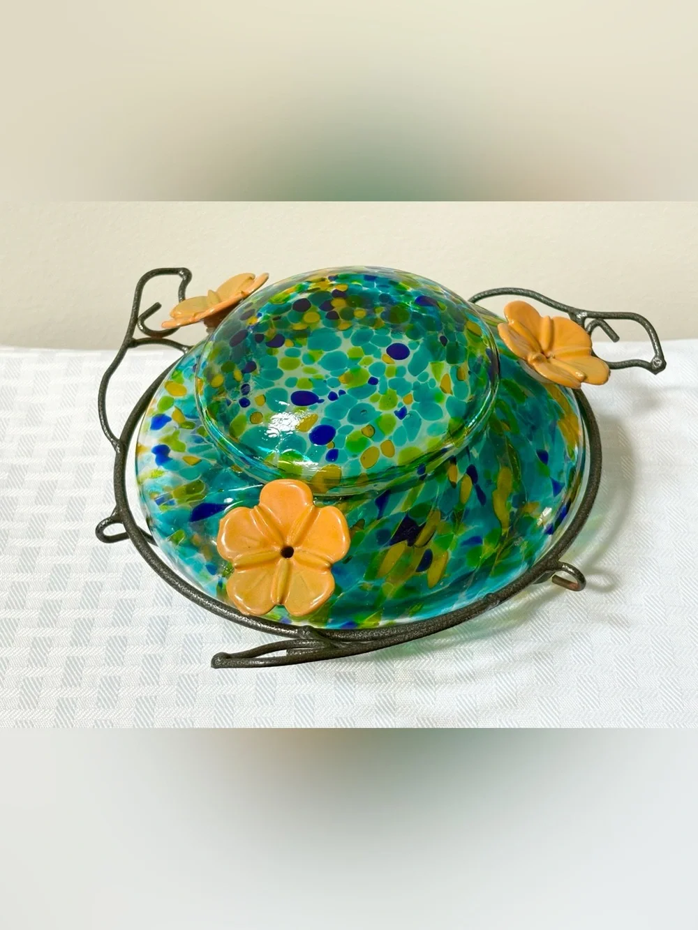 Art Glass Table Hummingbird Feeder Multi Color 3 Yellow Flowers Wire to Hang - Picture 1 of 6